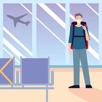 aeropuerto nuevo normal, hombre solitario viajero con mascarilla con equipaje vector