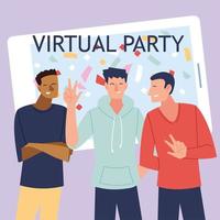 virtual party men cartoons in front of smartphone vector design