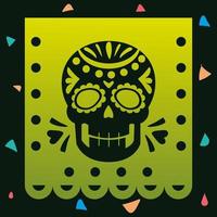 dia de los muertos, calavera bandera verde celebración mexicana vector