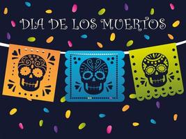 día de muertos, banderines mexicanos con calaveras y celebración de confeti. vector