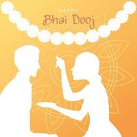 happy bhai dooj with indian woman and man silhouette with flowers vector design