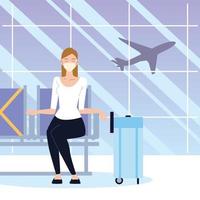 airport new normal, woman with mask and suitcase sitting waiting vector