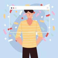 virtual party with man cartoon and confetti in screen vector design