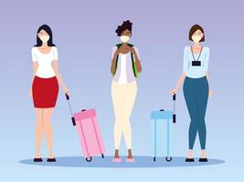 aeropuerto nuevo normal, grupo de personajes femeninos con máscaras y maletas vector
