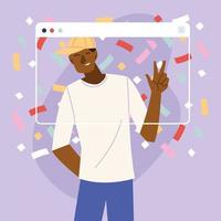 virtual party black man cartoon with hat and confetti in screen vector design