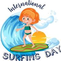 International Surfing Day font with a girl surfing cartoon character vector