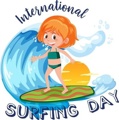 International Surfing Day font with a girl surfing cartoon character