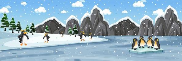 Penguin group in forest winter horizontal landscape vector