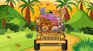 Safari concept with wild animals in the jeep car vector