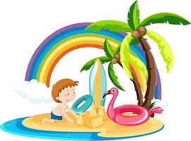 A boy on the island with summer beach items vector