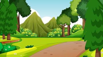 Forest scene with various forest trees and walkway lane path vector