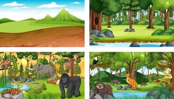 Conjunto de escena horizontal de bosque diferente con varios animales salvajes vector