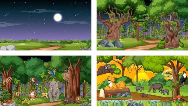 Set of different forest horizontal scene with various wild animals vector