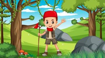 Nature scene with muslim kids exploring in the forest vector