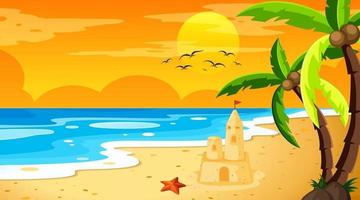 Beach at sunset time landscape scene with sand castle vector