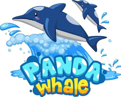 Dolphins cartoon character with Panda Whale font banner isolated