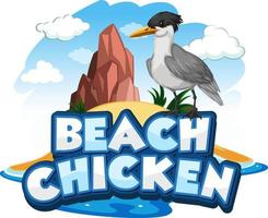 Seagull bird cartoon character with Beach Chicken font banner isolated vector