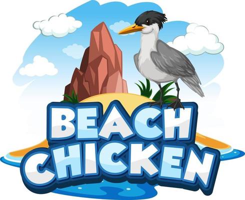 Seagull bird cartoon character with Beach Chicken font banner isolated