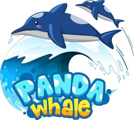 Dolphins cartoon character with Panda Whale font banner isolated