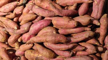 Fresh sweet potatoes background in supermarket. Top view. photo