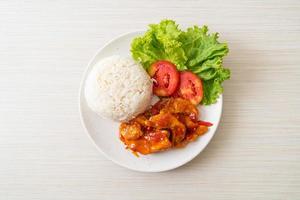 Fried fish topped by 3 flavors chili sauce with rice photo