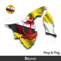 Brunei map and flag. Waving textile design. Dot world map background. vector