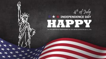 4th of July happy independence day of america background. Statue of liberty drawing design with text and waving american flag at lower on chalkboard texture. vector