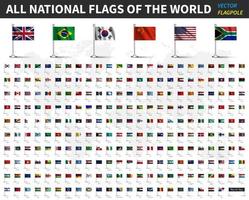 All national flags of the world. Realistic waving fabric with flagpole and shadow design. vector