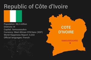 Highly detailed Cote d'Ivoire map with flag, capital and small map of the world vector