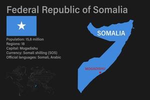 mapa de somalia muy detallado con bandera, capital y pequeño mapa del mundo vector