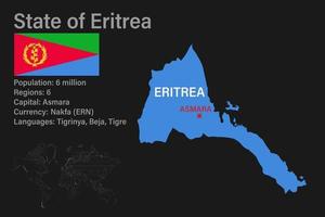 mapa de eritrea muy detallado con bandera, capital y pequeño mapa del mundo vector