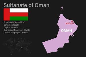 Mapa muy detallado del sultanato de Omán con bandera, capital y pequeño mapa del mundo vector