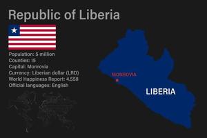 mapa de liberia muy detallado con bandera, capital y pequeño mapa del mundo vector