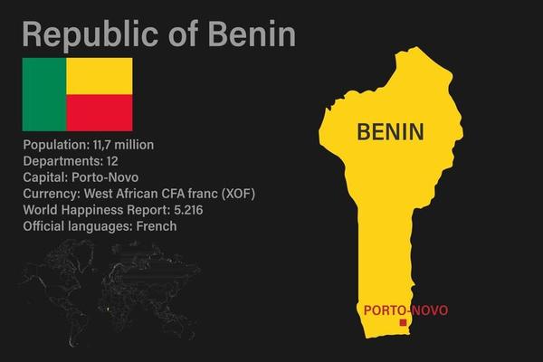 Highly detailed Benin map with flag, capital and small map of the world