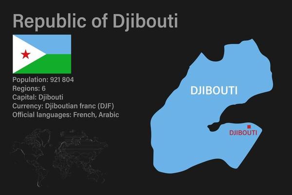 Highly detailed Djibouti map with flag, capital and small map of the world