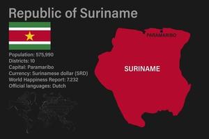 mapa de surinam muy detallado con bandera, capital y pequeño mapa del mundo vector