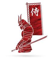 silueta, samurai, guerrero, con, bandera, samurai, texto, vector