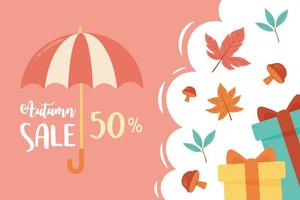 autumn sale, discount umbrella gifts and season leaves vector