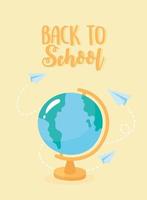 back to school, flying paper planes around globe map, elementary education cartoon vector