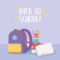 back to school, backpack open book pencils and crayon in cup elementary education cartoon vector