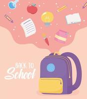 back to school, falling paper pencil book apple crayon in the bag, elementary education cartoon vector