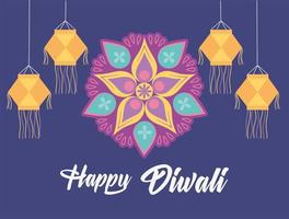 feliz festival de diwali, lámparas tradicionales y decoración floral mandala, diseño vectorial vector