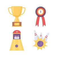 bowling game trophy medal ball alley and pins icons flat design vector