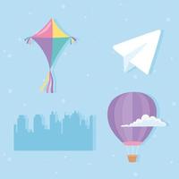 sky kite hot air balloon cloud paper plane and cityscape icons vector