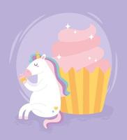 cute magical unicorn holding sweet cupcake cartoon vector