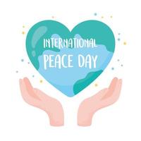 día internacional de la paz manos sosteniendo mundo en forma de corazón vector