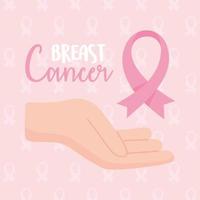 breast cancer awareness hand with pink ribbon vector
