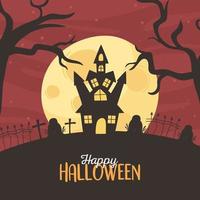 happy halloween, castle cemetery tombstones cross dry trees moon night trick or treat party celebration vector