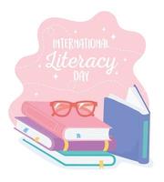 día internacional de la alfabetización, libros escolares para la educación infantil y gafas. vector