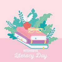 international literacy day, glasses ink and stack of books education vector